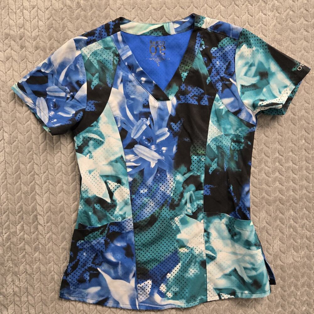Barco One Scrubs #5107 V-Neck Print Scrub Top Size Small Abstract Floral